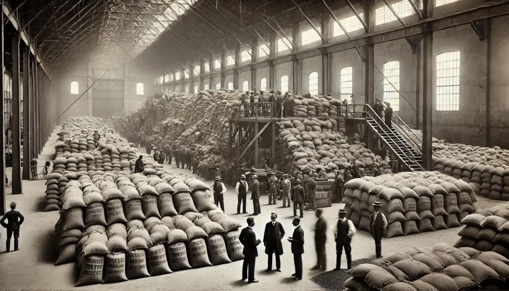 A government warehouse in Brazil in the 1930s, storing vast amounts of coffee sacks for price stabilization.