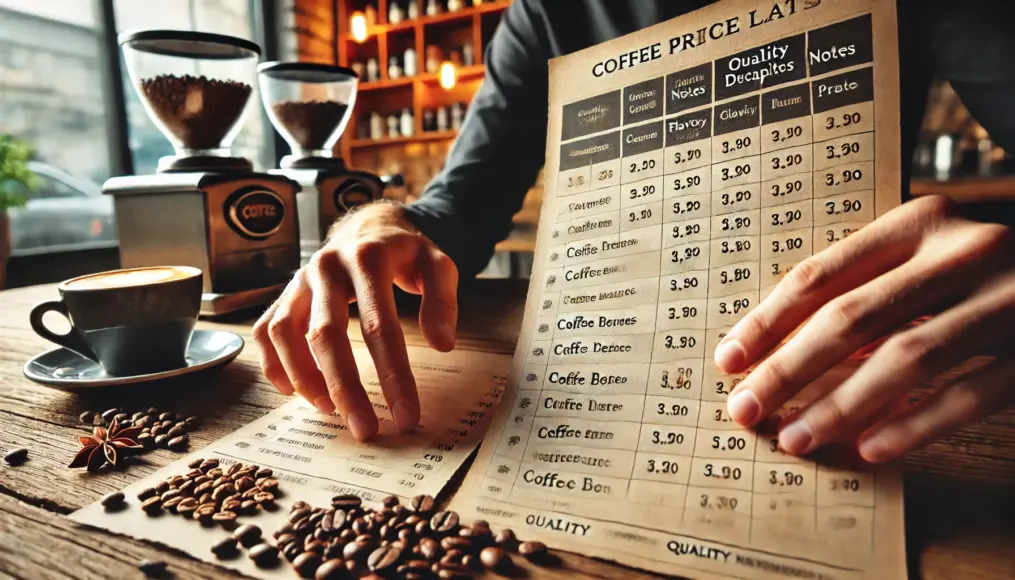 A person comparing coffee prices and quality descriptions while selecting beans