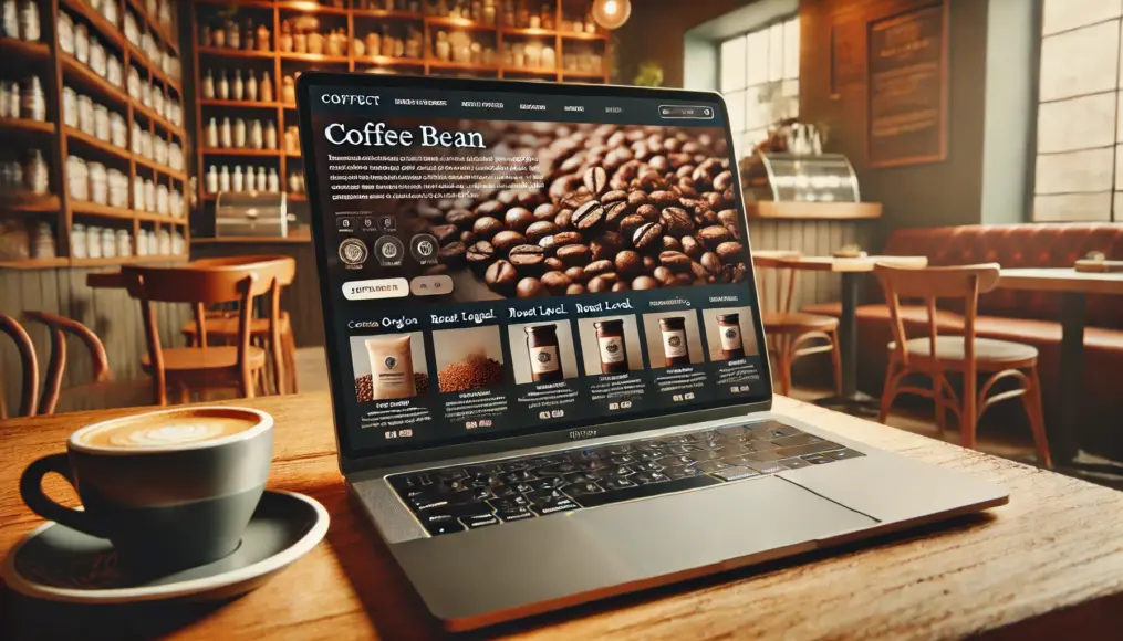 A laptop screen displaying a coffee product page with detailed descriptions of roast level, origin, and processing method