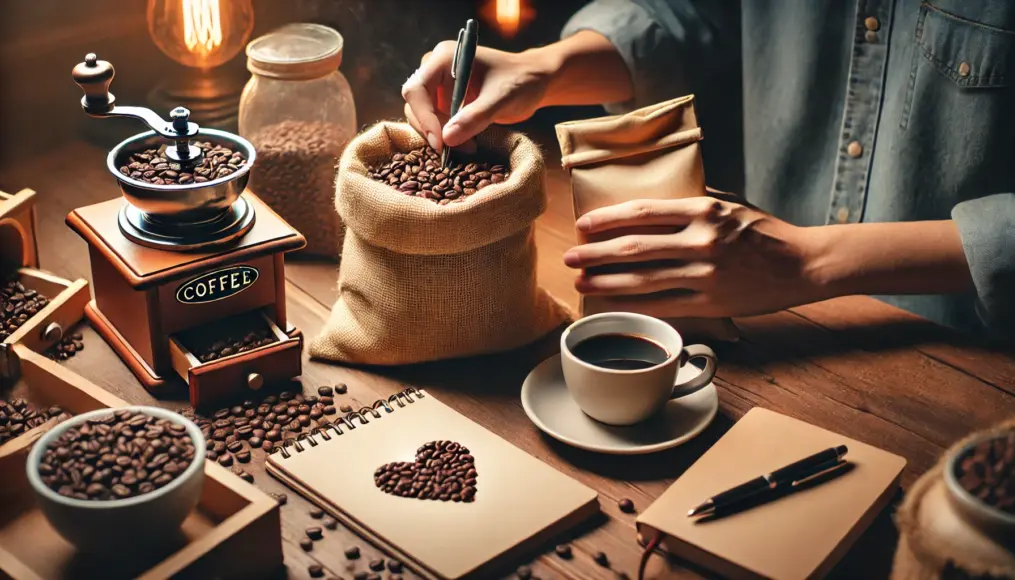 A person opening a coffee bag and inspecting the beans for freshness. A cup of coffee and a notebook are placed nearby