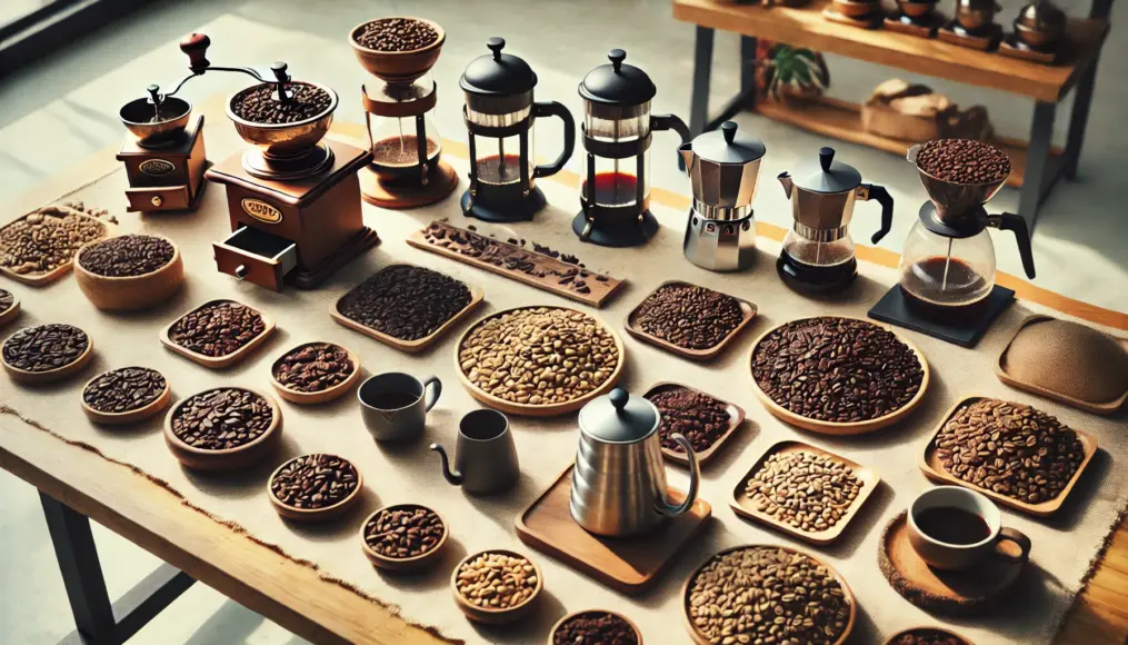 A table displaying coffee beans from various regions, neatly arranged on small plates, alongside brewing tools like French presses and pour-over setups.