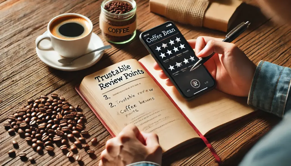 A person taking notes on what makes a review trustworthy while analyzing coffee reviews on a smartphone