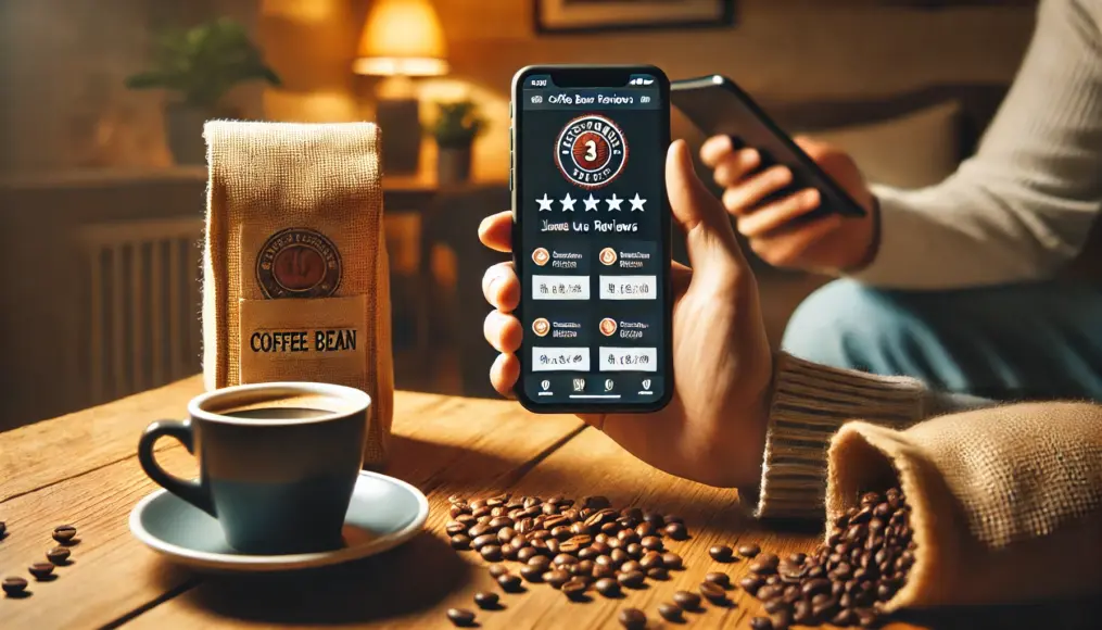 A person checking coffee bean reviews on a smartphone, with ratings and detailed comments visible on the screen