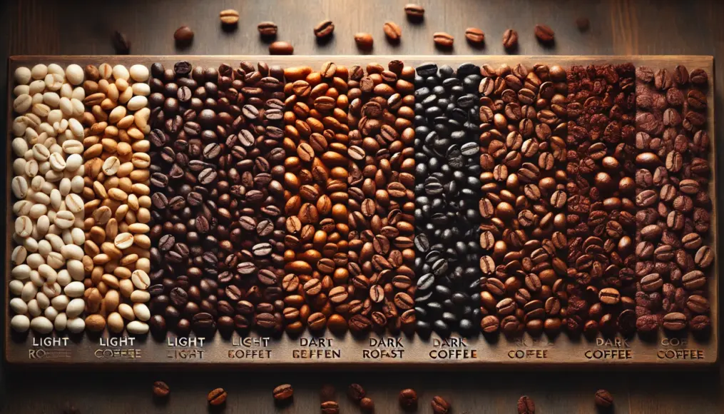 Coffee beans with different roasting levels displayed side by side. The comparison ranges from light to dark roast, clearly illustrating the differences in specialty and regular coffee.