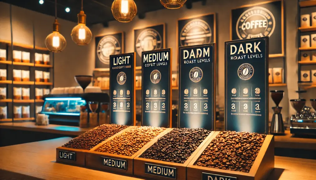 Coffee beans displayed side by side, labeled as light, medium, and dark roast with descriptions of their flavor differences