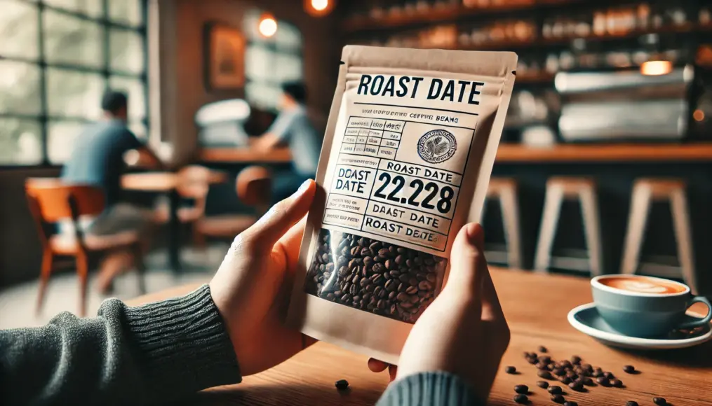 A person holding a coffee bean package, closely examining the labeled roast date