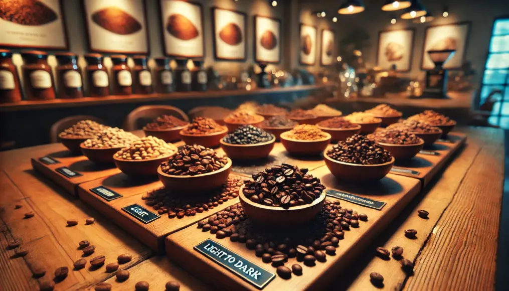 Coffee beans at different roast levels displayed on a table