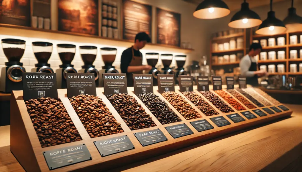 Different coffee roast levels displayed side by side, each labeled with a description of its flavor characteristics