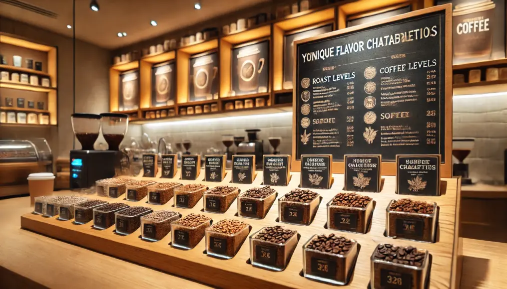 Various roast levels of coffee beans displayed on a café counter, each with an informational board explaining its characteristics