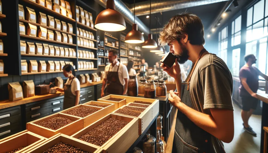 A person testing the aroma of various coffee beans in a specialty coffee shop, surrounded by rich coffee fragrances