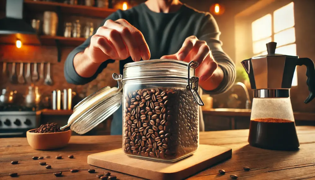 A person sealing a glass coffee storage container to protect the beans from exposure