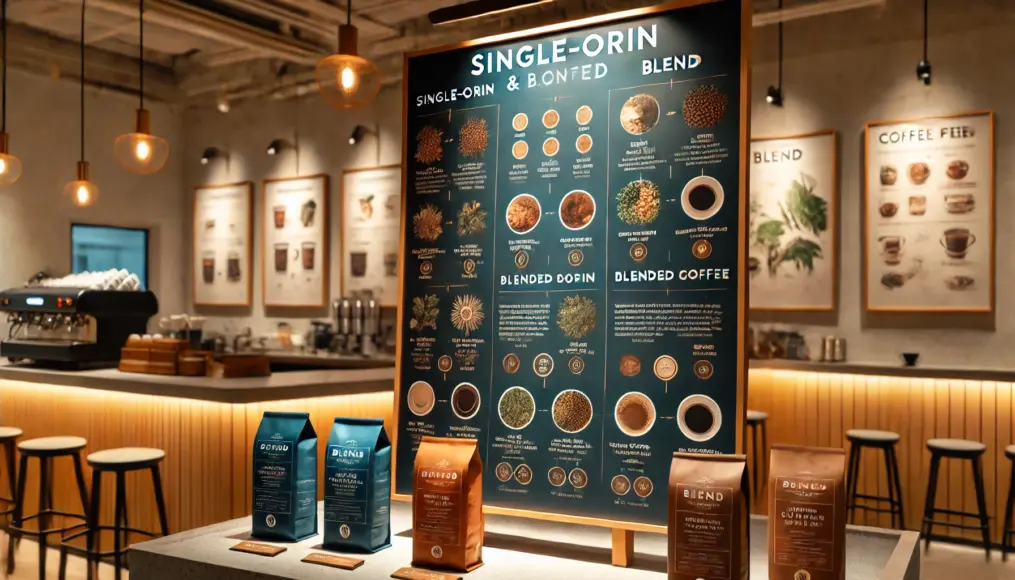 A café counter displaying information about single-origin and blended coffee characteristics