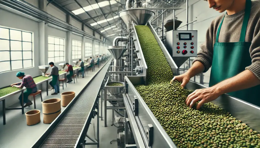 Green coffee beans being sorted by size