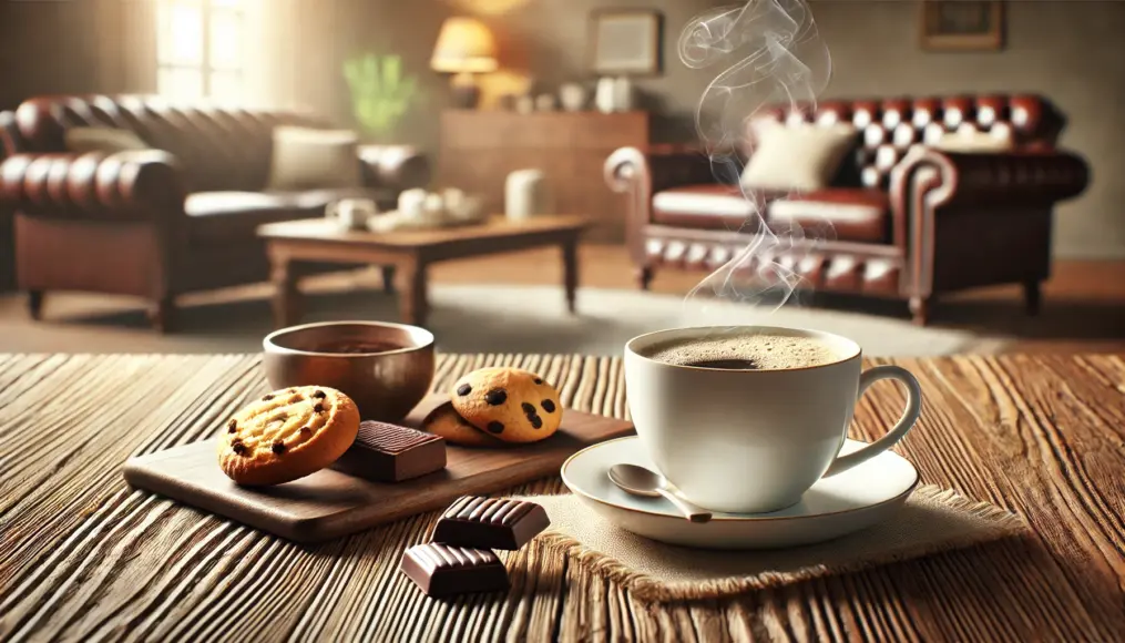 A relaxed coffee break setup with coffee and snacks arranged beautifully