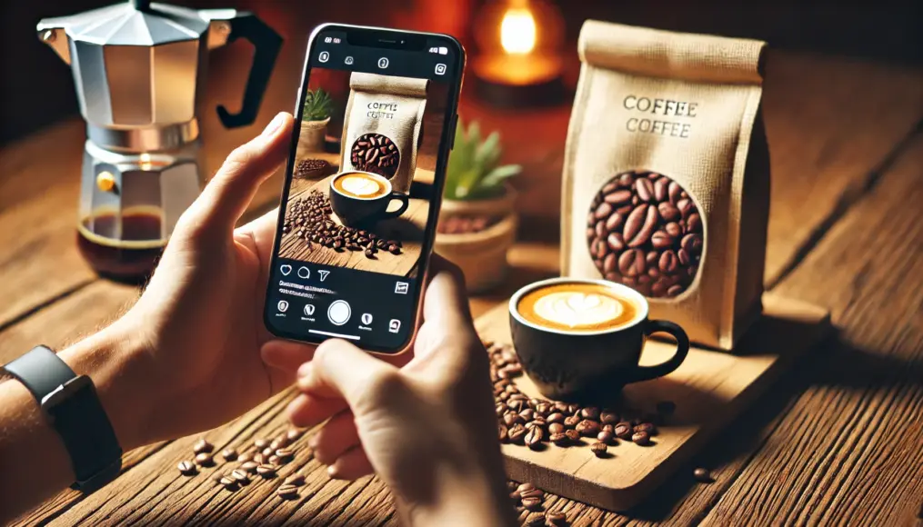 A smartphone screen showing a coffee-related social media post with a freshly brewed cup and a coffee bag