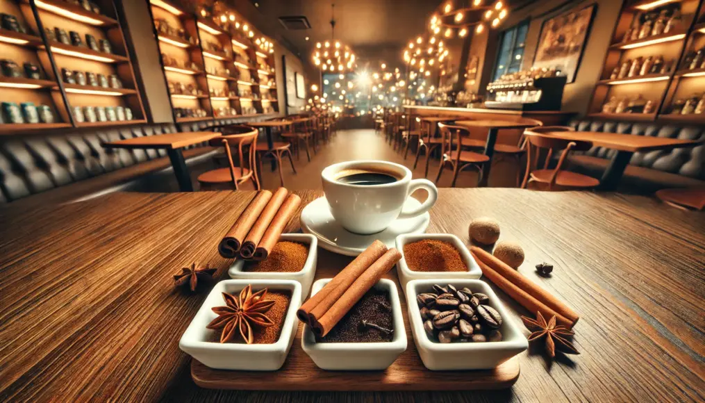 A wooden café table displaying coffee with a variety of spices. Small dishes with cinnamon, cloves, and nutmeg are arranged beside a cup of coffee, showing how they can be infused for extra flavor.