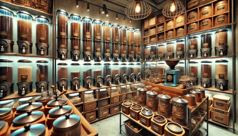 Coffee beans stored in airtight containers, with freshly ground beans being prepared for brewing.