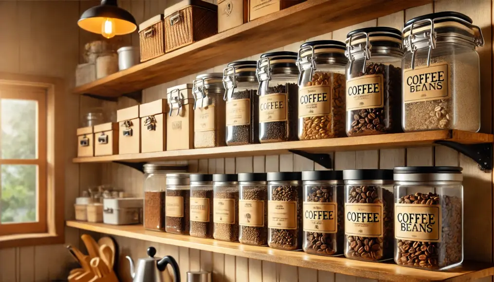 Coffee storage containers neatly placed on a kitchen shelf, away from direct sunlight and humidity