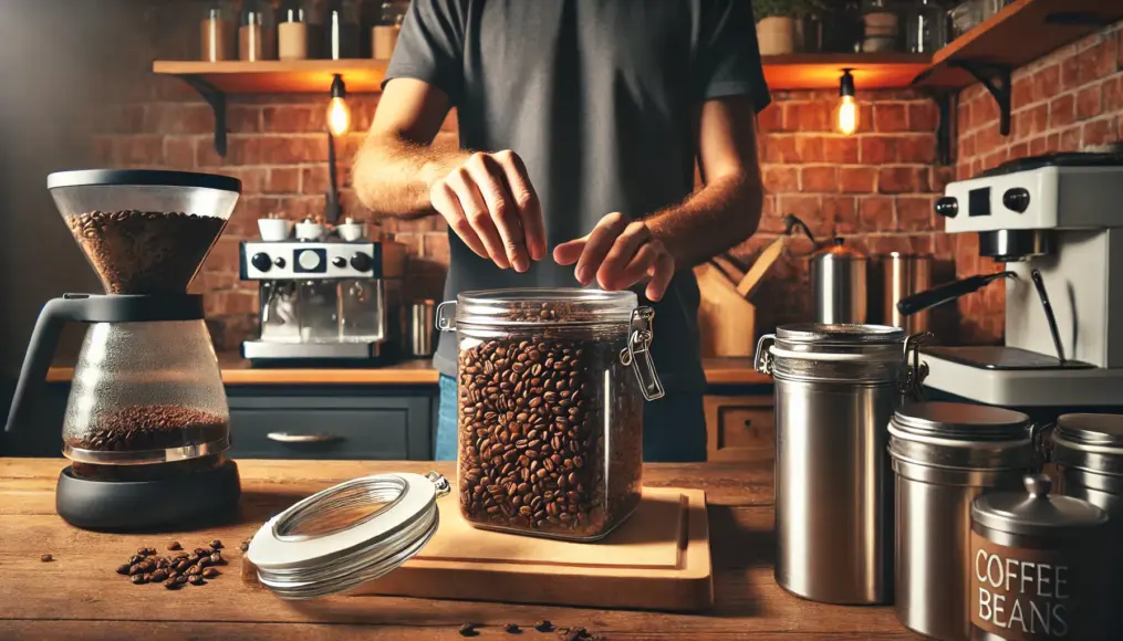 A person transferring coffee beans into an airtight container for storage, with a coffee machine in the background