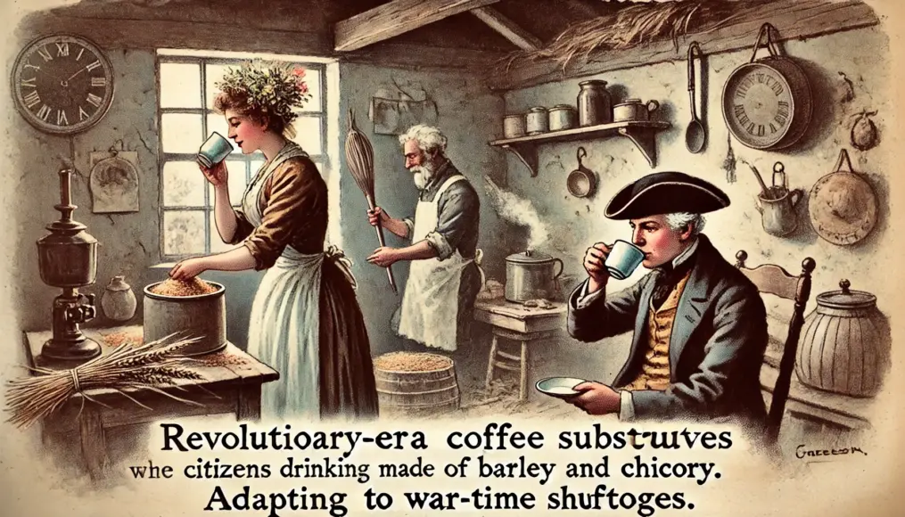 Revolutionary-era citizens drinking coffee substitutes made from barley and chicory