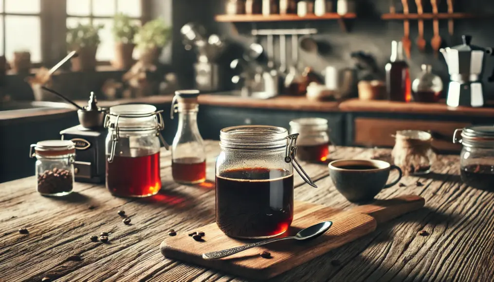 A glass jar filled with homemade coffee syrup on a rustic wooden table.