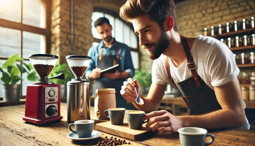 A barista taking notes while tasting coffee to fine-tune a blend.