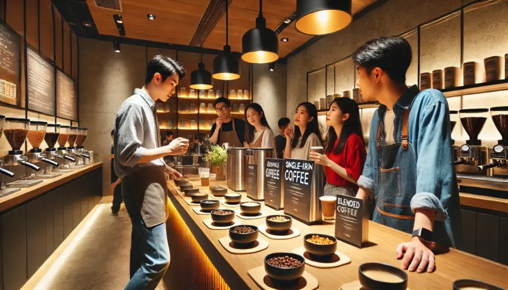 A café counter where customers are sampling different coffee varieties