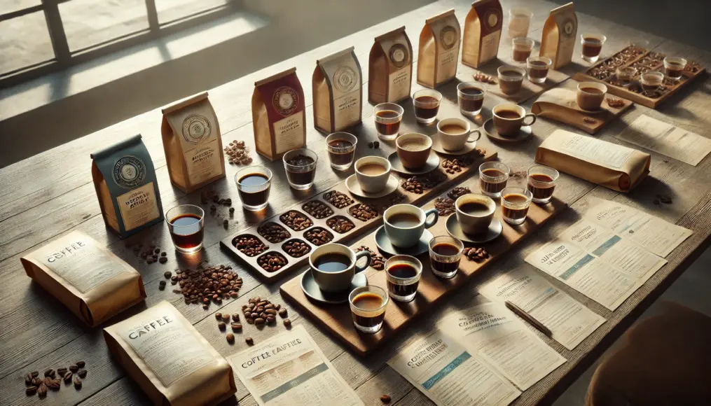 A table set with multiple cups of different specialty coffees. Next to the cups are packages and tasting notes, realistically depicting the joy of a coffee tasting session.