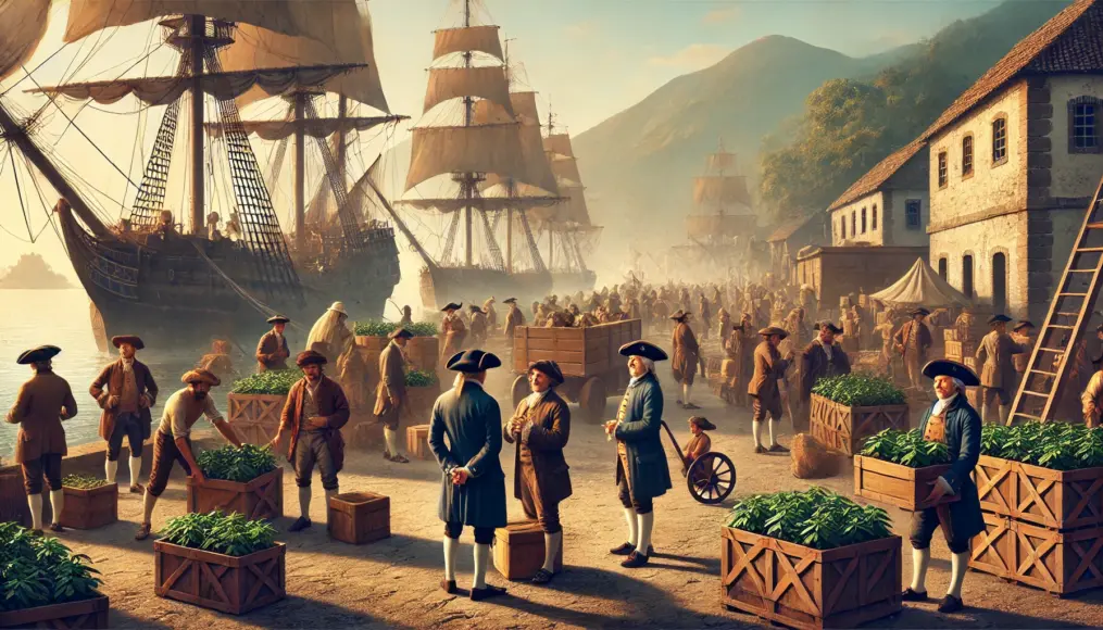 A scene at an 18th-century South American port where European trade ships are unloading coffee seedlings, with merchants and laborers bustling around