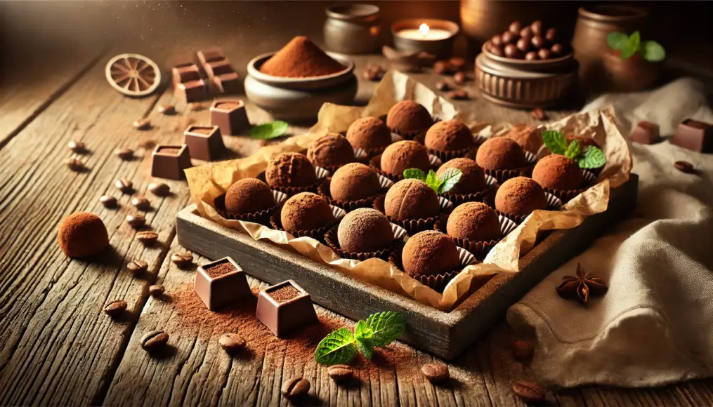 Handmade coffee truffles displayed on a tray, dusted with cocoa and coffee powder.