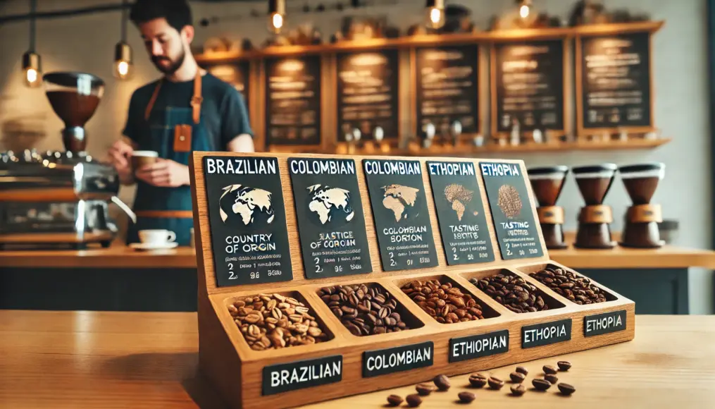 A tray displaying different types of coffee beans, including Brazilian, Colombian, and Ethiopian varieties. Each has a label detailing its characteristics.