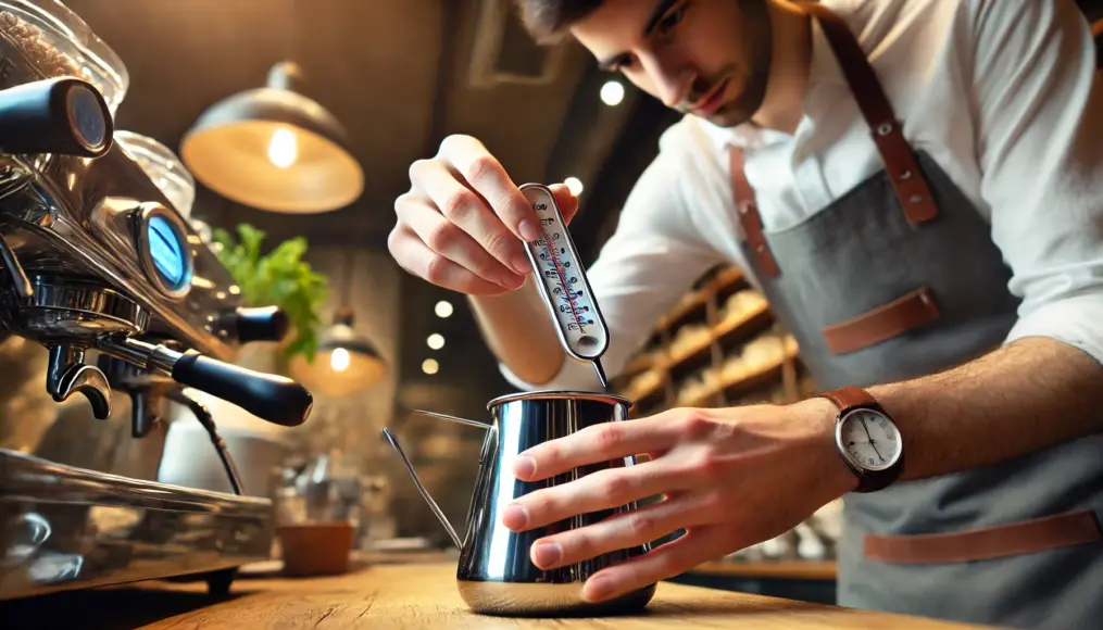 A barista measuring the water temperature with a thermometer before brewing coffee. A softly blurred café counter is visible in the background.