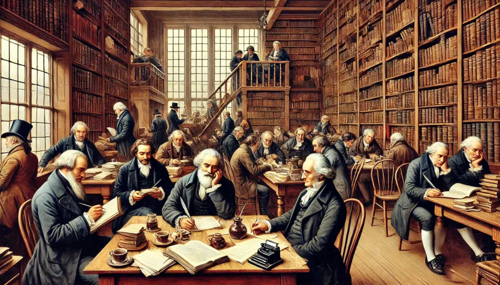 Writers and philosophers gathered in a London coffee house. Bookshelves line the walls, and manuscripts are spread across the tables. Gentlemen engaged in discussions while writing with quills add to the intellectual atmosphere.