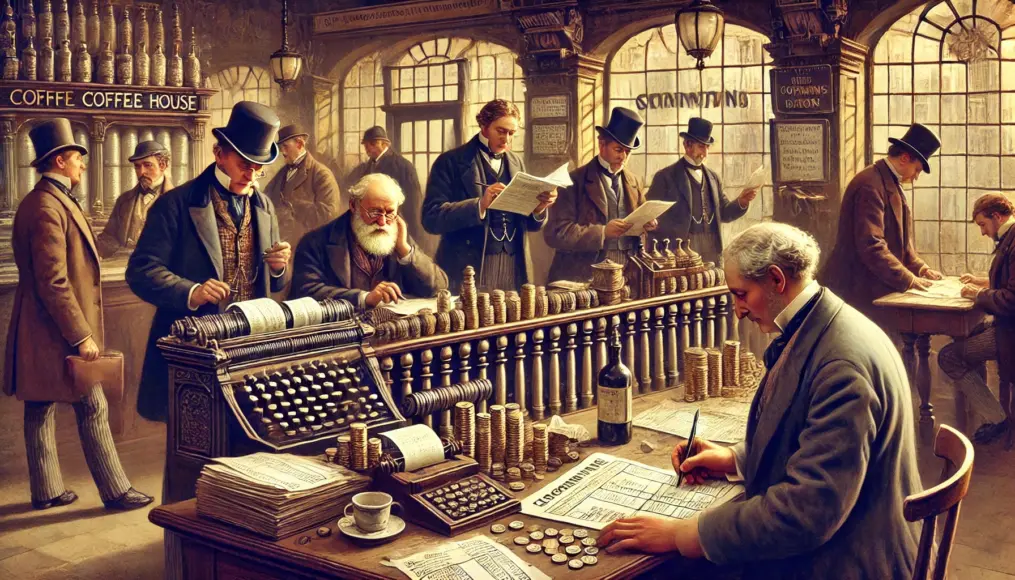 Merchants conducting business inside a London coffee house. Accounting ledgers and coins are visible on the tables, while men in the background read newspapers. The scene illustrates the vital economic role of these establishments.