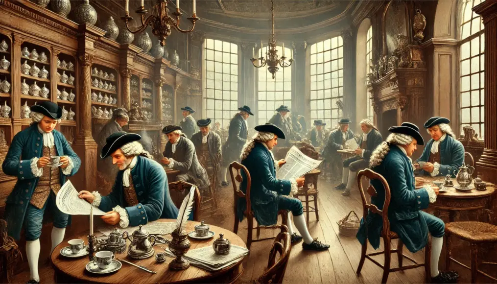 The interior of a 17th-century London coffee house. Gentlemen are seen exchanging information while reading newspapers. Quills and inkwells are visible on the tables, emphasizing the intellectual gathering nature of these places.