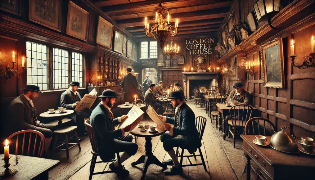 The interior of a 17th-century London coffee house. Wooden tables are occupied by gentlemen reading newspapers and conversing. A fireplace adds warmth to the setting, creating a welcoming ambiance.