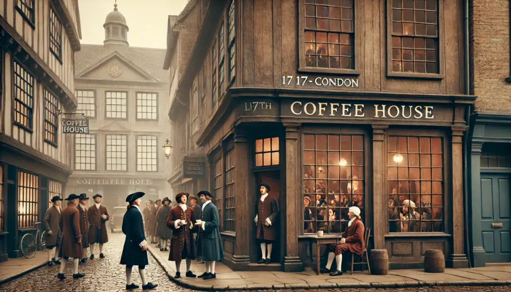 A 17th-century London coffee house exterior. The wooden building has people gathered outside, dressed in period attire, while gentlemen enter the establishment.