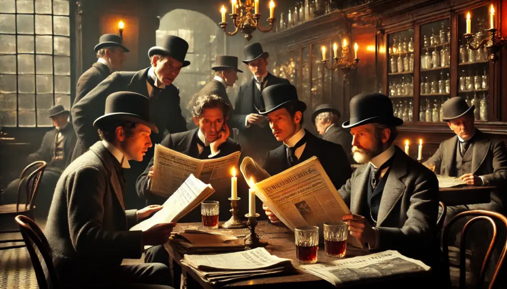 A scene inside a London coffee house where gentlemen passionately debate politics while reading newspapers. Their expressions are serious, reflecting discussions about the future of the nation.