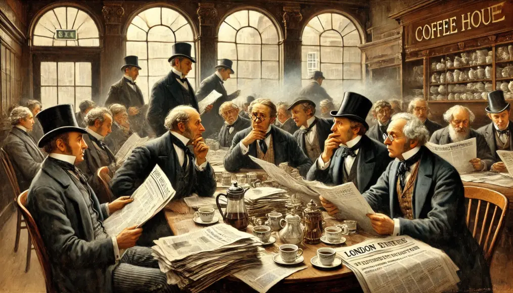 Gentlemen debating politics inside a London coffee house. Newspapers and documents are spread across the tables, and serious expressions indicate heated discussions. A waiter is seen in the background serving coffee.