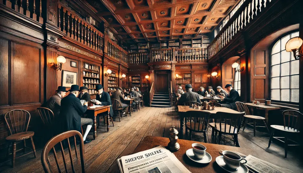 The interior of a historic London coffee house. The wooden ceiling and walls create a classic atmosphere where merchants and intellectuals sit at tables, reading newspapers and engaging in debates. Cups, newspapers, and quills are scattered on the tables, adding to the intellectual ambiance.