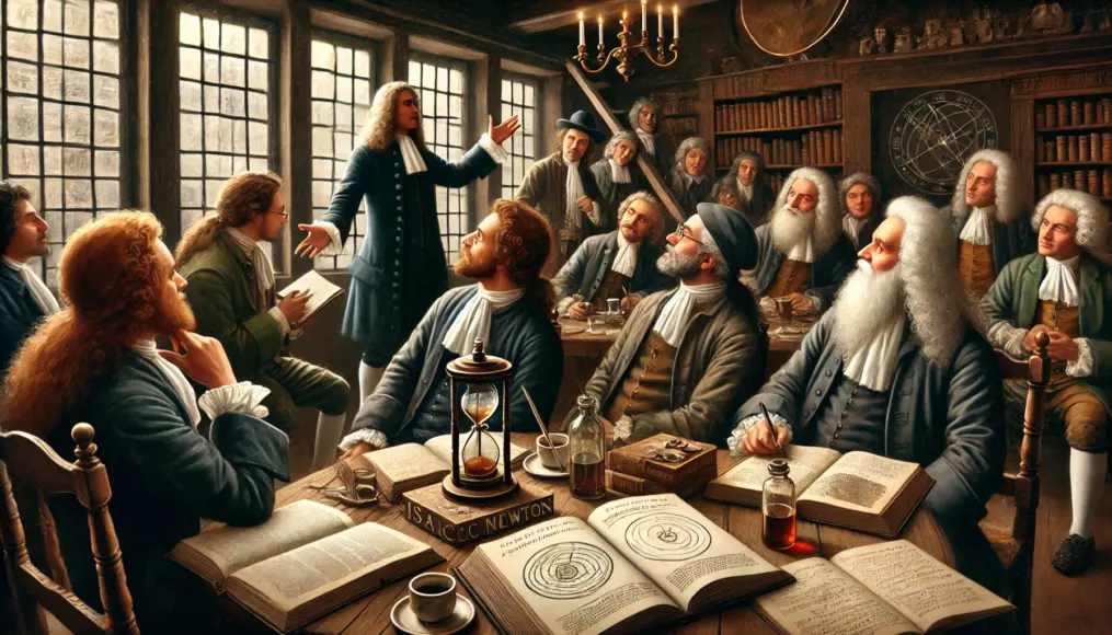 Scientists engaging in discussions inside a coffee house. Books on astronomy and mathematics are spread across the tables, and a scholar passionately explains Isaac Newton’s theories. Surrounding listeners show keen interest.