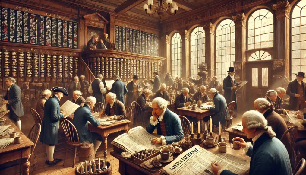 A London coffee house serving as an early stock exchange. Merchants with open ledgers discuss trades, while newspapers display the latest market trends.