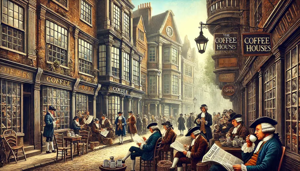 A bustling street in 17th-century London lined with coffee houses. The street is filled with merchants and gentlemen reading newspapers, surrounded by historic buildings reflecting the period.