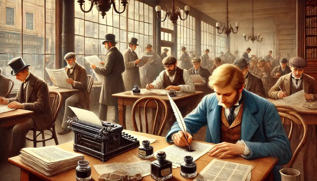 Writers and journalists drafting manuscripts inside a coffee house. Ink bottles and quills are on the tables, and patrons in the background read newspapers. The scene reflects the growth of literature and journalism.