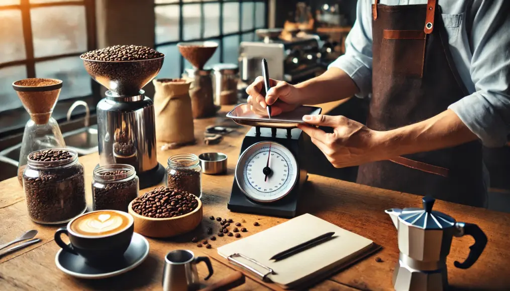 A barista evaluating Colombian coffee beans while adjusting blend ratios