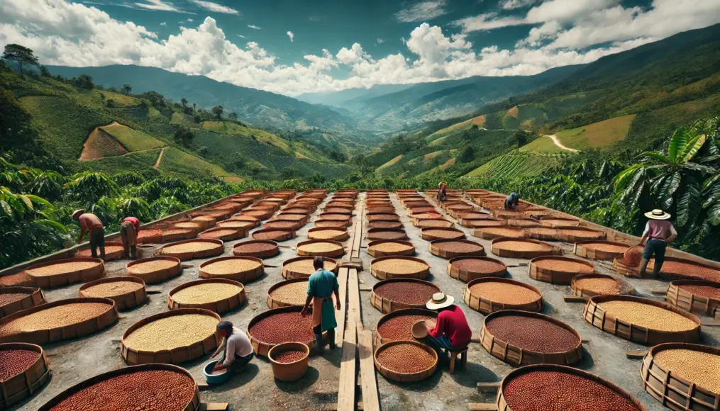 A coffee drying facility in Colombia, where coffee beans are sun-dried under careful supervision