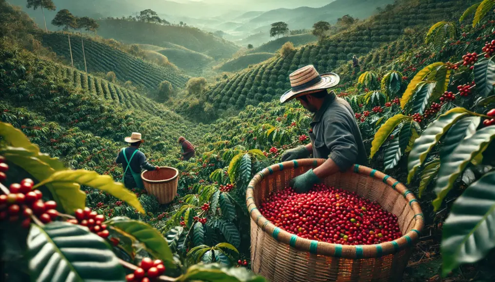 Farmers harvesting coffee cherries at a coffee plantation in Colombia