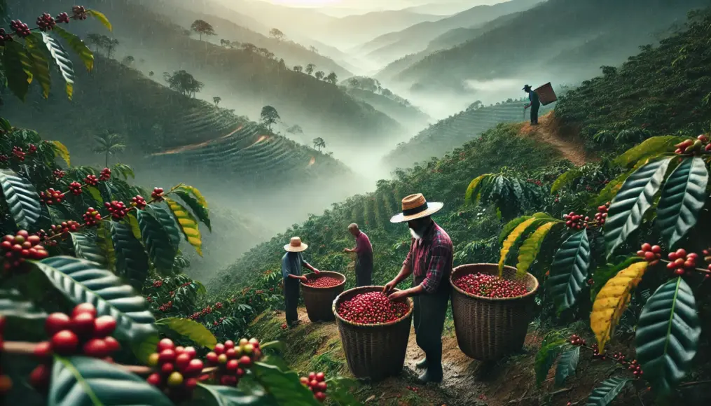 A coffee farm in the mountainous regions of Colombia, with farmers hand-picking ripe coffee cherries