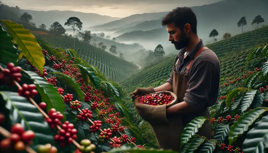 A Colombian coffee farmer harvesting ripe coffee cherries by hand.