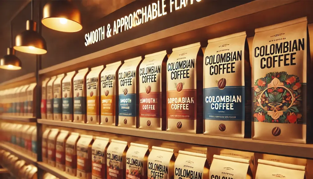 Packaging highlighting the approachable flavor of Colombian coffee